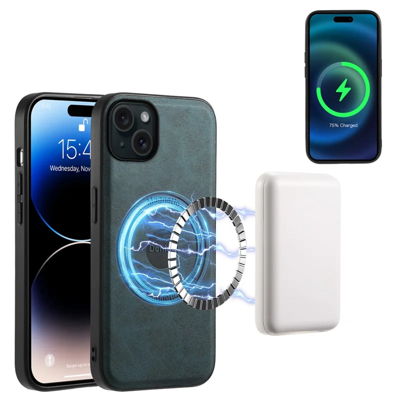 DENIOR A11 For iPhone 15 Plus Case Compatible with MagSafe Leather Coated PC+TPU Phone Cover - Blue
