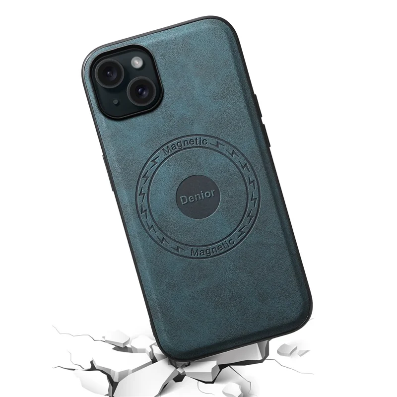 DENIOR A11 For iPhone 15 Plus Case Compatible with MagSafe Leather Coated PC+TPU Phone Cover - Blue