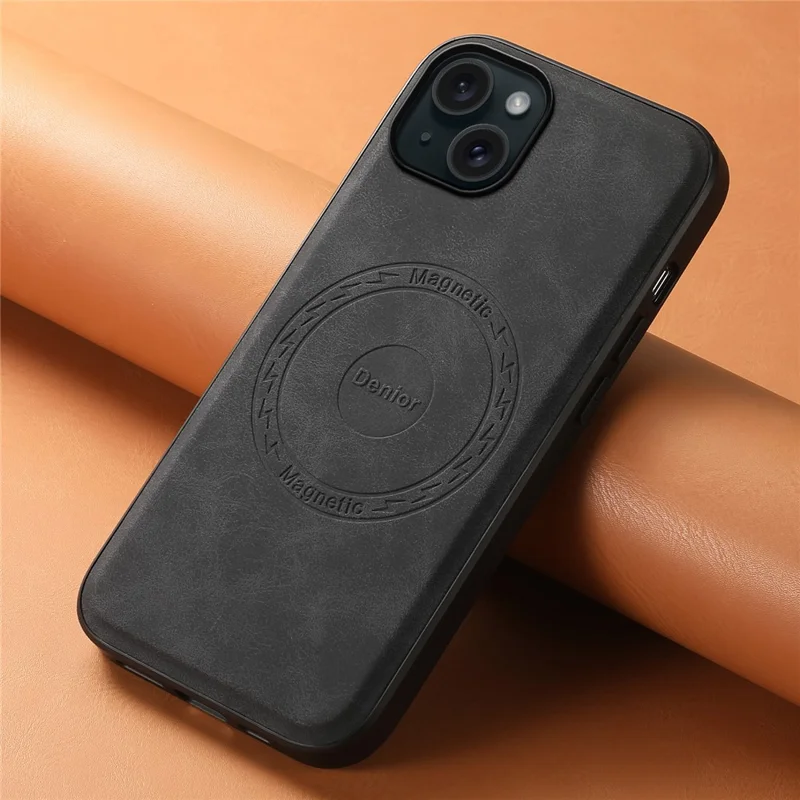 DENIOR A11 For iPhone 15 Magnetic Phone Case Leather Coated PC+TPU Hybrid Cover - Black