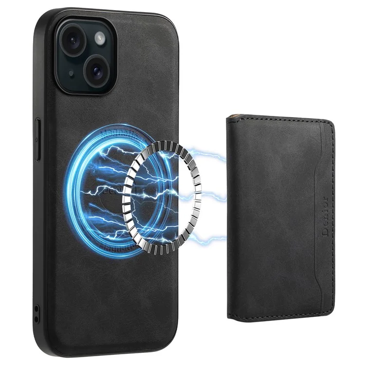 DENIOR D13 For iPhone 15 Case PC+TPU+PU Leather Phone Cover with Detachable Magnetic Card Holder - Black
