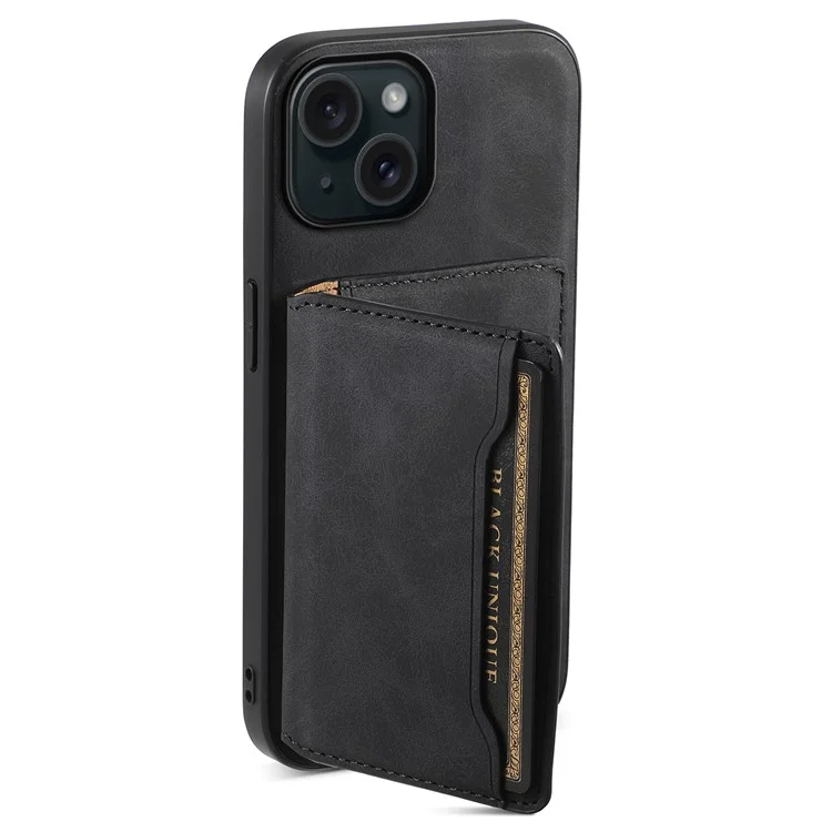 DENIOR D13 For iPhone 15 Case PC+TPU+PU Leather Phone Cover with Detachable Magnetic Card Holder - Black