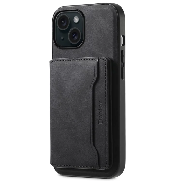 DENIOR D13 For iPhone 15 Case PC+TPU+PU Leather Phone Cover with Detachable Magnetic Card Holder - Black