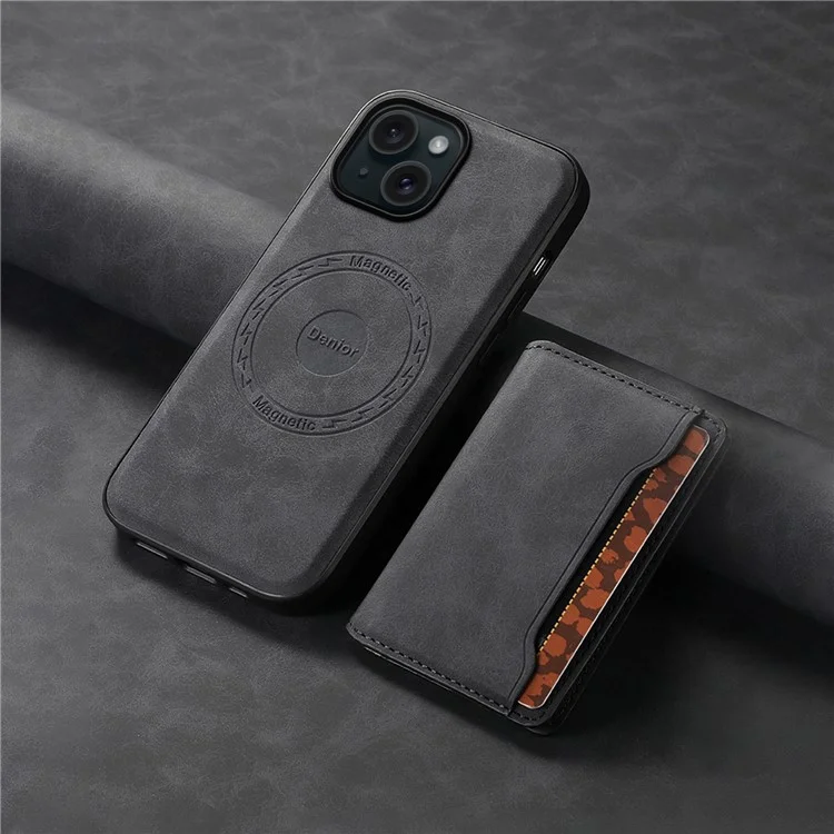 DENIOR D13 For iPhone 15 Case PC+TPU+PU Leather Phone Cover with Detachable Magnetic Card Holder - Black