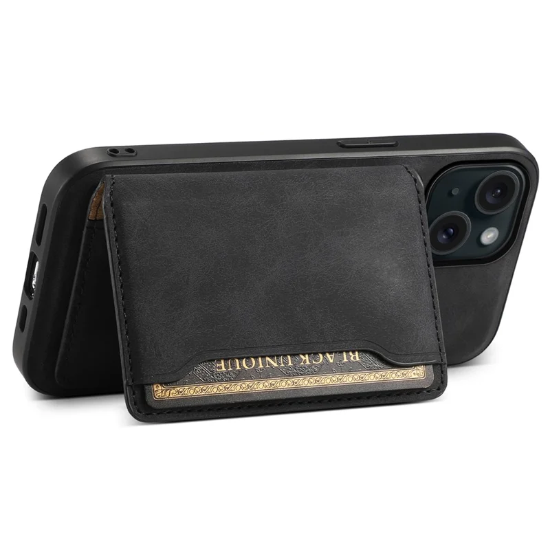 DENIOR D13 For iPhone 15 Plus Anti-Drop Magnetic Leather+TPU+PC Phone Cover with Card Bag - Black