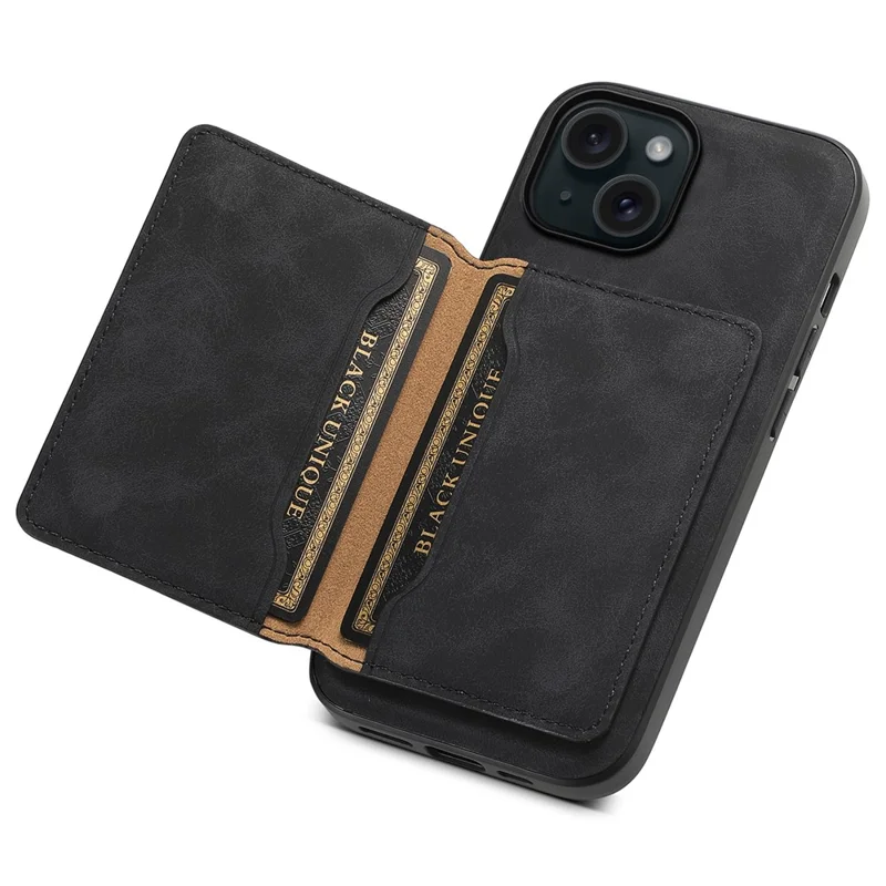 DENIOR D13 For iPhone 15 Plus Anti-Drop Magnetic Leather+TPU+PC Phone Cover with Card Bag - Black