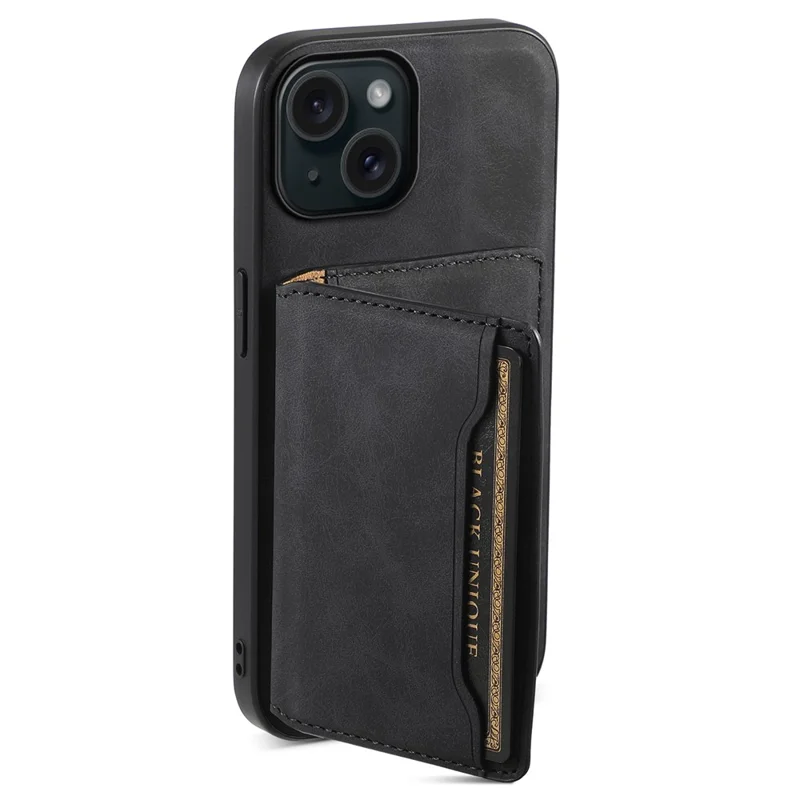 DENIOR D13 For iPhone 15 Plus Anti-Drop Magnetic Leather+TPU+PC Phone Cover with Card Bag - Black