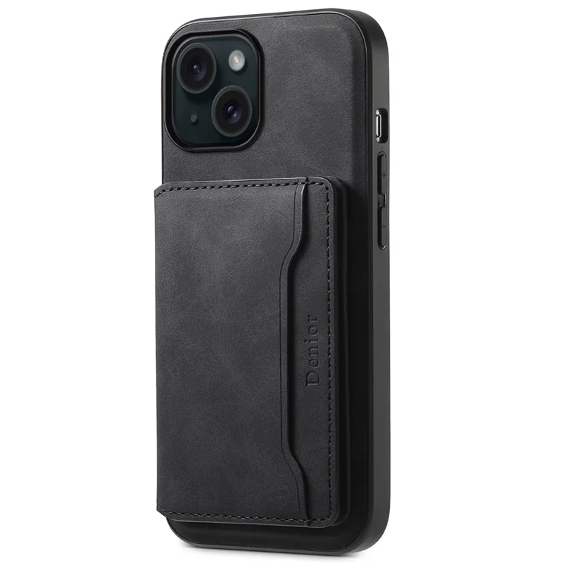 DENIOR D13 For iPhone 15 Plus Anti-Drop Magnetic Leather+TPU+PC Phone Cover with Card Bag - Black