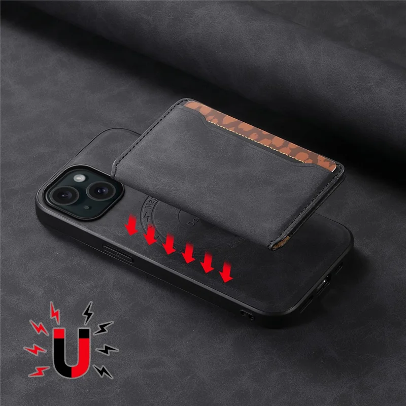 DENIOR D13 For iPhone 15 Plus Anti-Drop Magnetic Leather+TPU+PC Phone Cover with Card Bag - Black