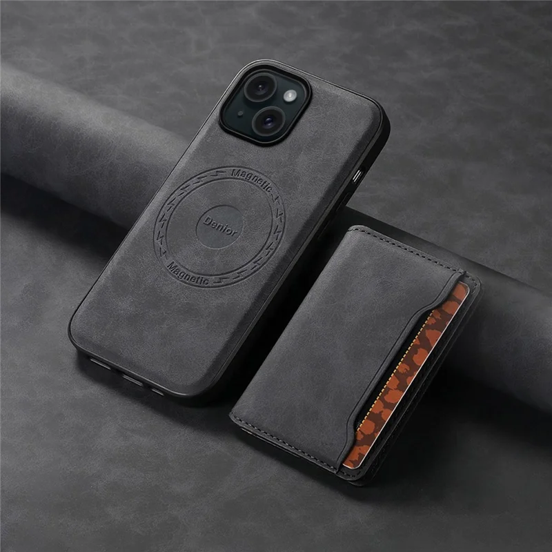 DENIOR D13 For iPhone 15 Plus Anti-Drop Magnetic Leather+TPU+PC Phone Cover with Card Bag - Black