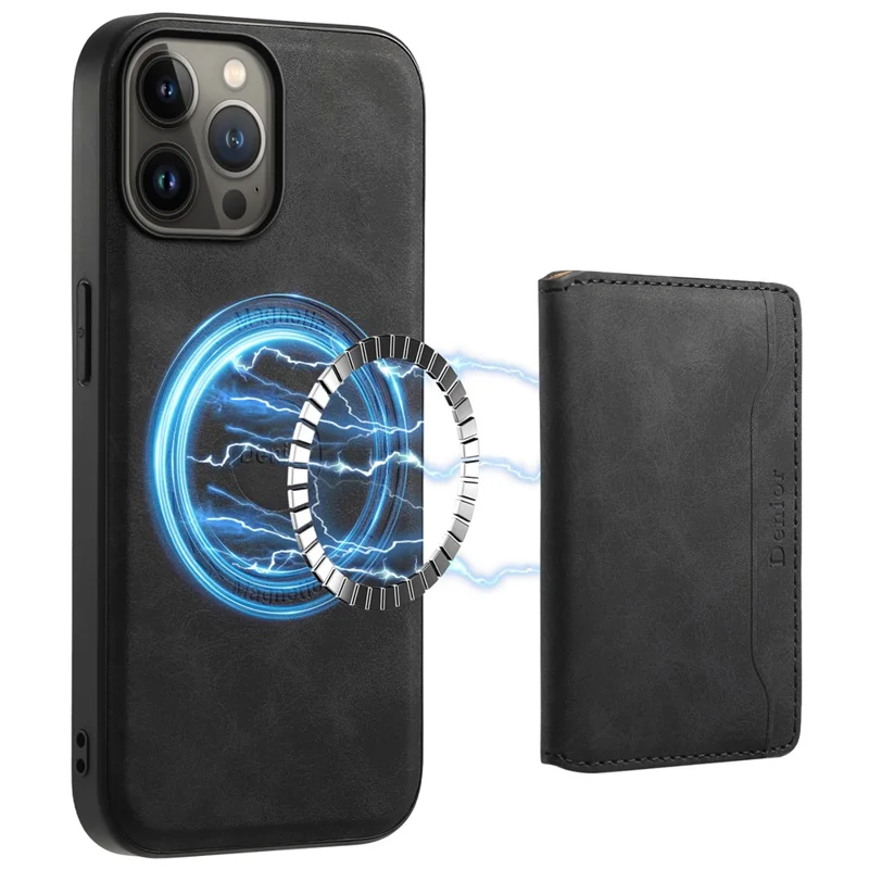 DENIOR D13 Para iPhone 13 Pro Max 6.7 pulgadas Funda Magnética de Cuero+TPU+PC Funda Teléfono con Bolsa de Tarjeta - Negro