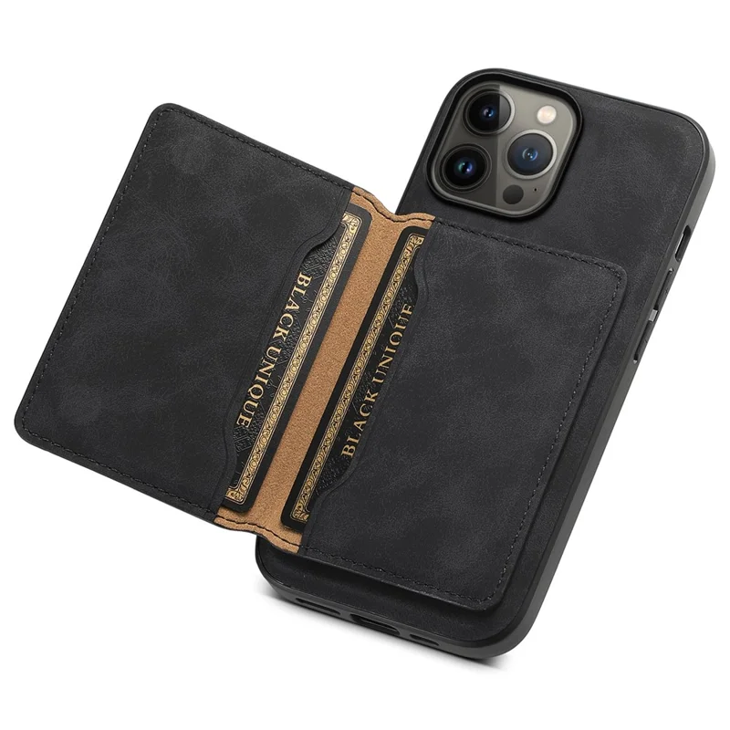 DENIOR D13 Para iPhone 13 Pro Max 6.7 pulgadas Funda Magnética de Cuero+TPU+PC Funda Teléfono con Bolsa de Tarjeta - Negro
