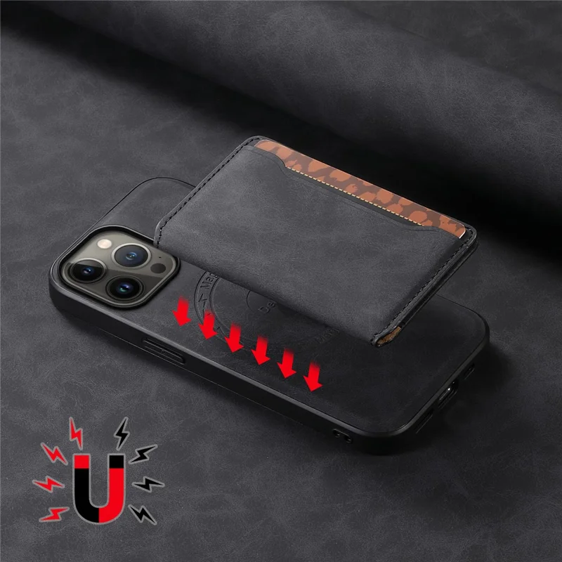 DENIOR D13 Para iPhone 13 Pro Max 6.7 pulgadas Funda Magnética de Cuero+TPU+PC Funda Teléfono con Bolsa de Tarjeta - Negro