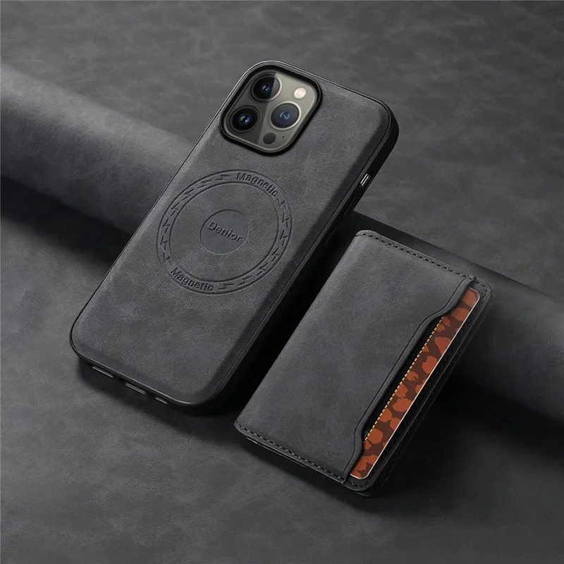 DENIOR D13 Para iPhone 13 Pro Max 6.7 pulgadas Funda Magnética de Cuero+TPU+PC Funda Teléfono con Bolsa de Tarjeta - Negro