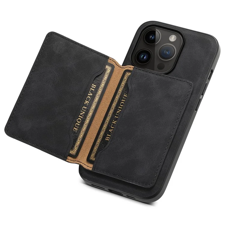 DENIOR D13 Wholesale Phone Case für iPhone 14 Pro PC+TPU+PU Leder Handyhülle mit abnehmbarer magnetischer Kartentasche - Schwarz