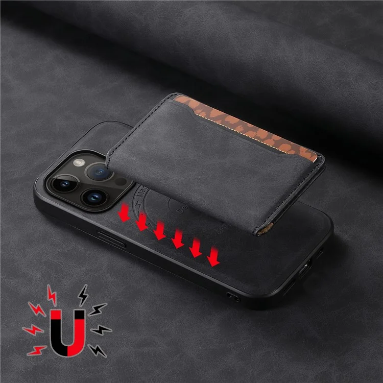 DENIOR D13 Wholesale Phone Case für iPhone 14 Pro PC+TPU+PU Leder Handyhülle mit abnehmbarer magnetischer Kartentasche - Schwarz