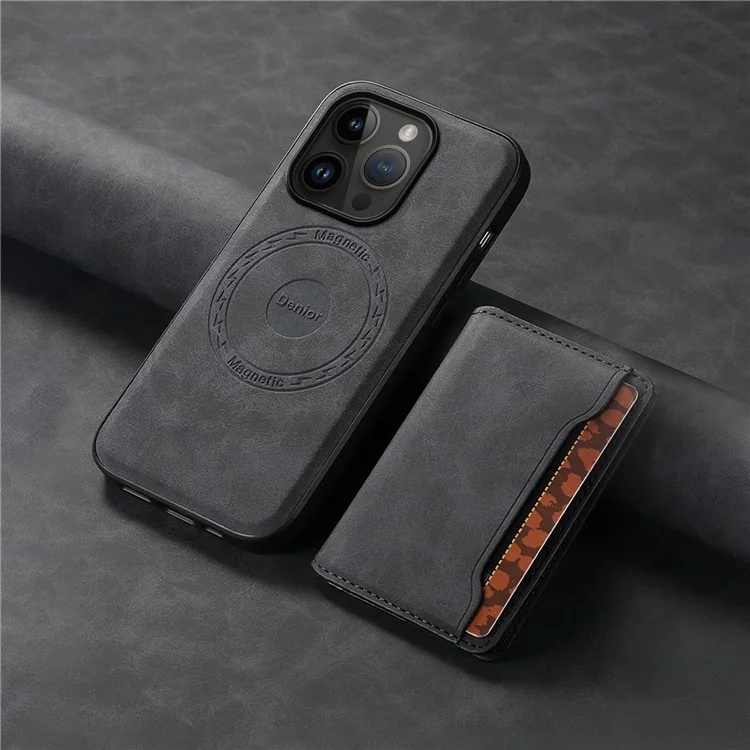 DENIOR D13 Wholesale Phone Case für iPhone 14 Pro PC+TPU+PU Leder Handyhülle mit abnehmbarer magnetischer Kartentasche - Schwarz