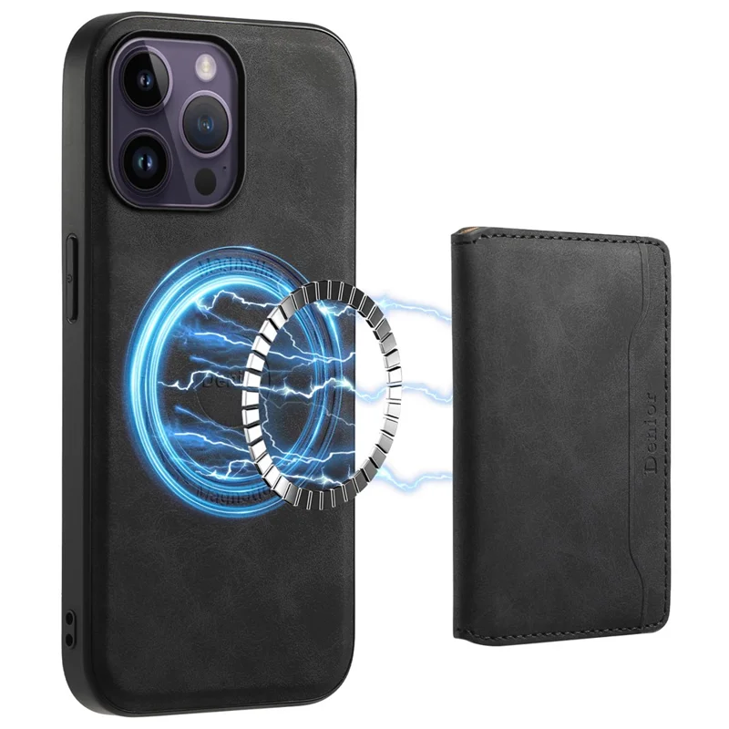 DENIOR D13 For iPhone 14 Pro Max Case Magnetic Retro Leather+TPU+PC Phone Cover with Detachable Card Bag - Black