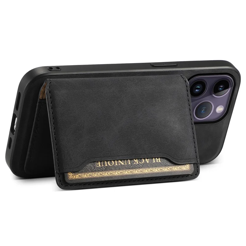 DENIOR D13 For iPhone 14 Pro Max Case Magnetic Retro Leather+TPU+PC Phone Cover with Detachable Card Bag - Black