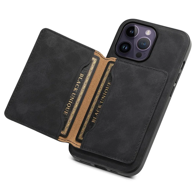 DENIOR D13 For iPhone 14 Pro Max Case Magnetic Retro Leather+TPU+PC Phone Cover with Detachable Card Bag - Black