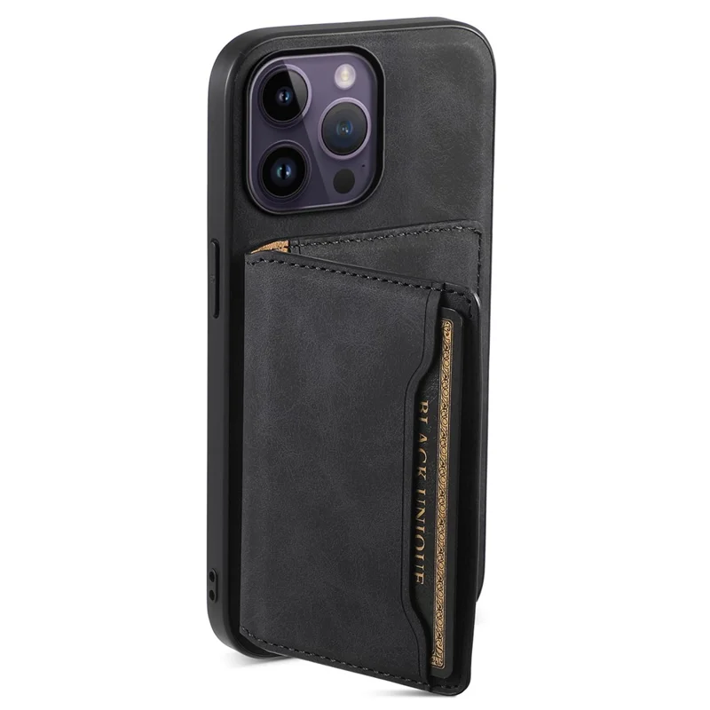 DENIOR D13 For iPhone 14 Pro Max Case Magnetic Retro Leather+TPU+PC Phone Cover with Detachable Card Bag - Black