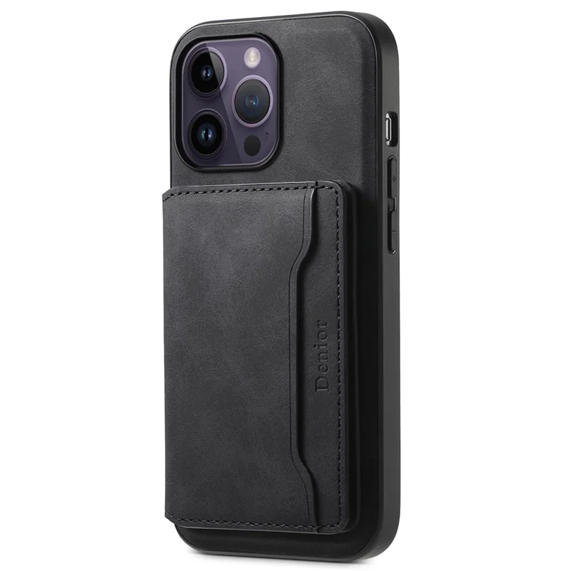 DENIOR D13 For iPhone 14 Pro Max Case Magnetic Retro Leather+TPU+PC Phone Cover with Detachable Card Bag - Black