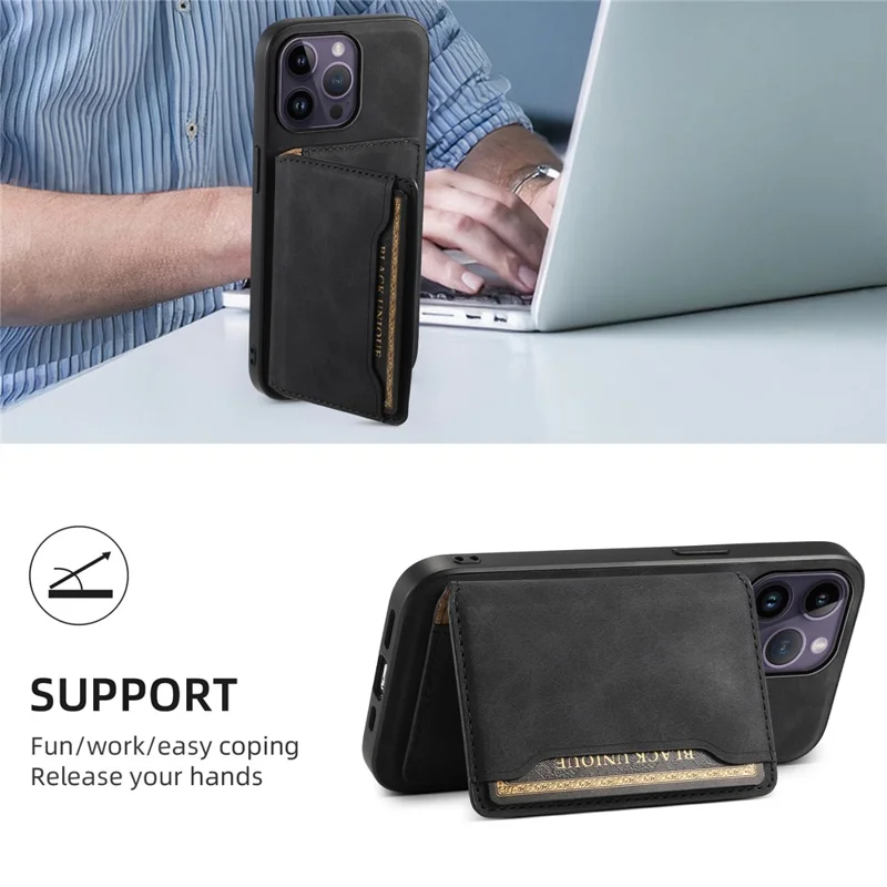 DENIOR D13 For iPhone 14 Pro Max Case Magnetic Retro Leather+TPU+PC Phone Cover with Detachable Card Bag - Black