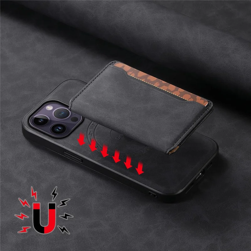 DENIOR D13 For iPhone 14 Pro Max Case Magnetic Retro Leather+TPU+PC Phone Cover with Detachable Card Bag - Black