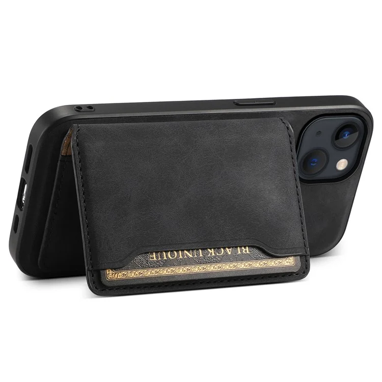 DENIOR D13 For iPhone 13 / 14 Case Leather Back Phone Cover with Detachable Magnetic Card Holder - Black