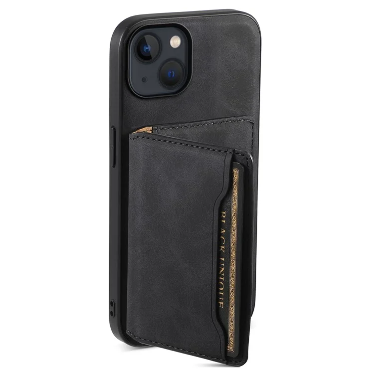 DENIOR D13 For iPhone 13 / 14 Case Leather Back Phone Cover with Detachable Magnetic Card Holder - Black