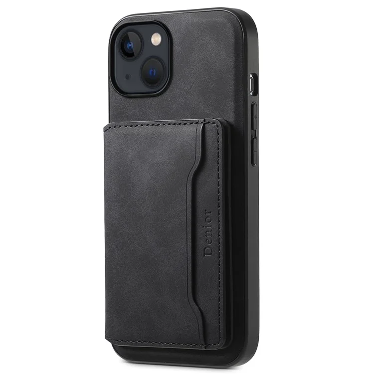 DENIOR D13 For iPhone 13 / 14 Case Leather Back Phone Cover with Detachable Magnetic Card Holder - Black