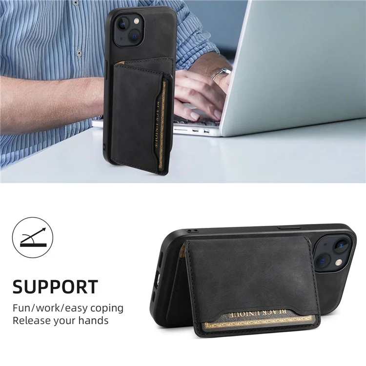 DENIOR D13 For iPhone 13 / 14 Case Leather Back Phone Cover with Detachable Magnetic Card Holder - Black