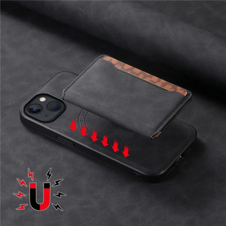 DENIOR D13 For iPhone 13 / 14 Case Leather Back Phone Cover with Detachable Magnetic Card Holder - Black