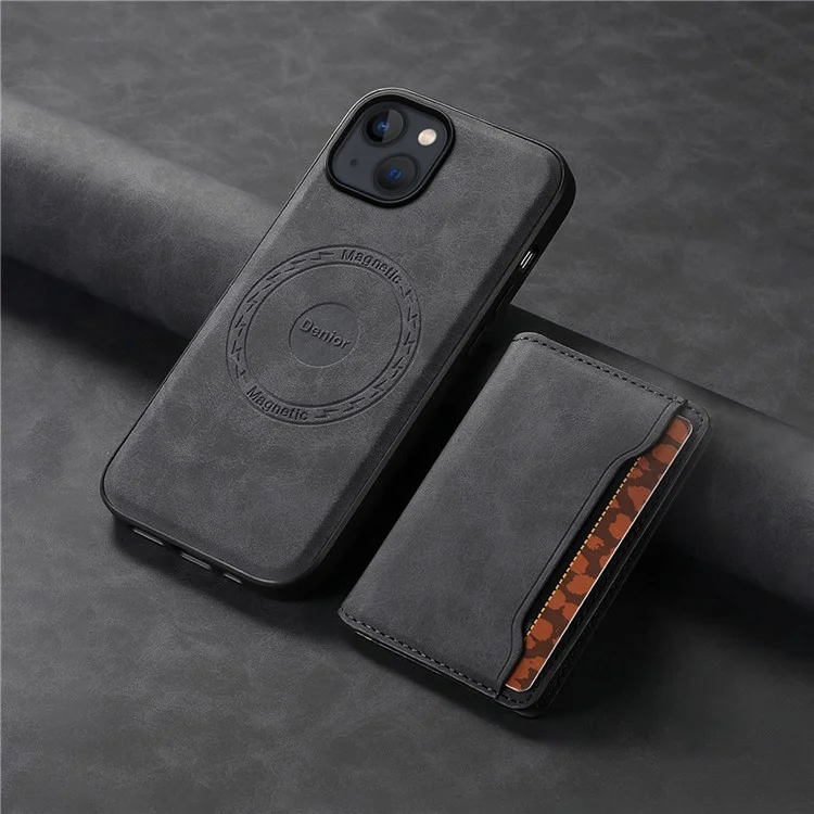 DENIOR D13 For iPhone 13 / 14 Case Leather Back Phone Cover with Detachable Magnetic Card Holder - Black