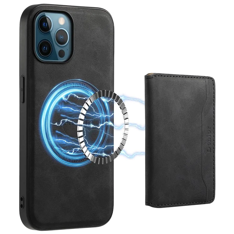 DENIOR D13 For iPhone 12 Pro Max Case Retro Texture PU+TPU+PC Magnetic Phone Case with Card Bag - Black