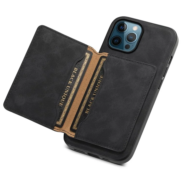 DENIOR D13 For iPhone 12 Pro Max Case Retro Texture PU+TPU+PC Magnetic Phone Case with Card Bag - Black