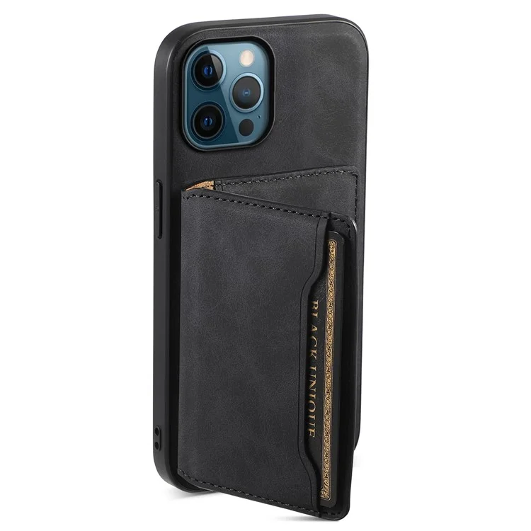 DENIOR D13 For iPhone 12 Pro Max Case Retro Texture PU+TPU+PC Magnetic Phone Case with Card Bag - Black