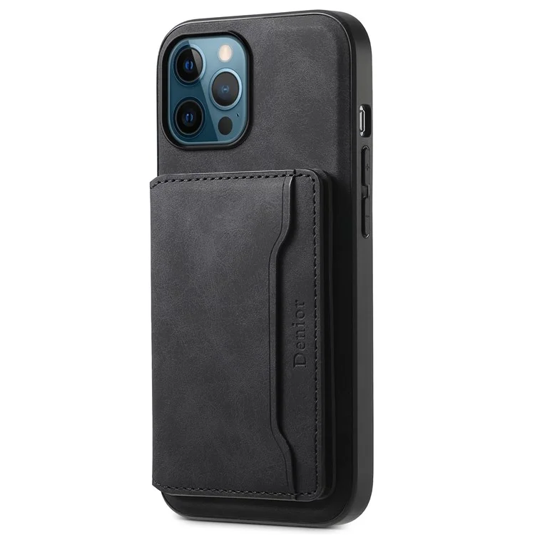 DENIOR D13 For iPhone 12 Pro Max Case Retro Texture PU+TPU+PC Magnetic Phone Case with Card Bag - Black
