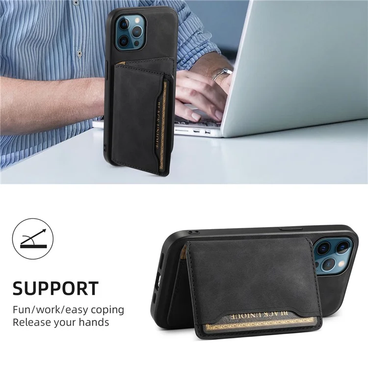 DENIOR D13 For iPhone 12 Pro Max Case Retro Texture PU+TPU+PC Magnetic Phone Case with Card Bag - Black