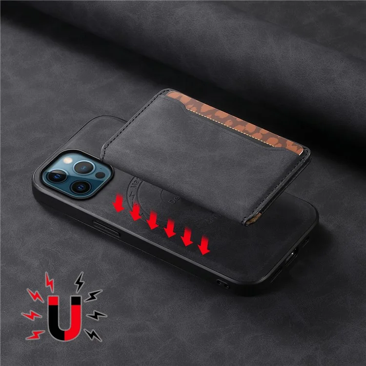 DENIOR D13 For iPhone 12 Pro Max Case Retro Texture PU+TPU+PC Magnetic Phone Case with Card Bag - Black