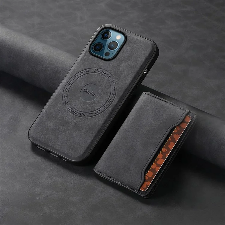 DENIOR D13 For iPhone 12 Pro Max Case Retro Texture PU+TPU+PC Magnetic Phone Case with Card Bag - Black
