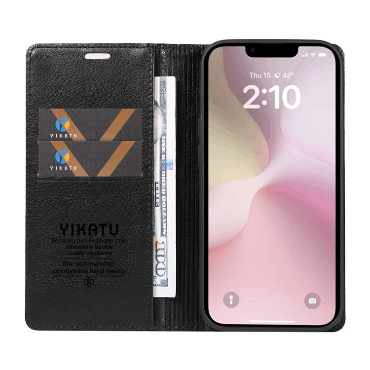 YIKATU YK-006 For iPhone 16e Case Wallet Leather Litchi Texture Magnetic Absorption Phone Cover - Black