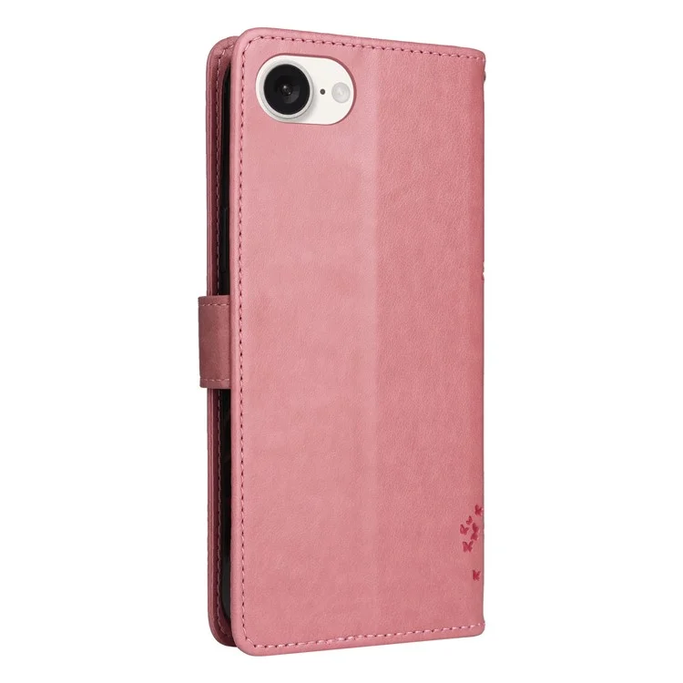 For iPhone 16e Phone Case with Stand Cat Tree Pattern Leather Wallet Mobile Cover - Pink