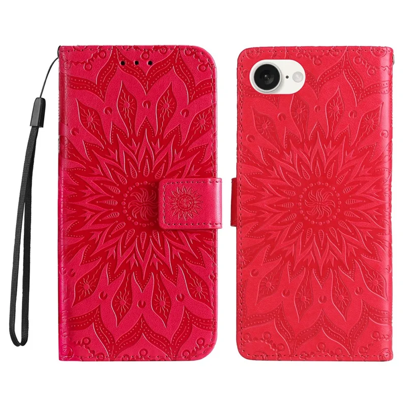 KT Imprinting Flower Series-1 Funda para iPhone SE (2024) Carcasa Protectora de Cuero PU con Billetera y Soporte - Rojo 