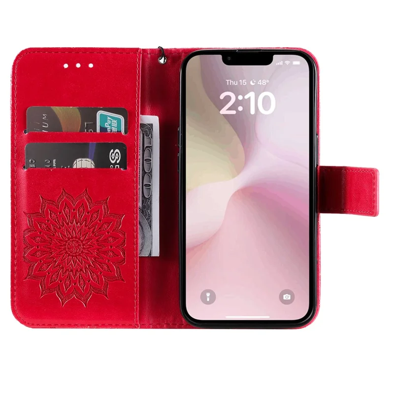 KT Imprinting Flower Series-1 Funda para iPhone SE (2024) Carcasa Protectora de Cuero PU con Billetera y Soporte - Rojo 