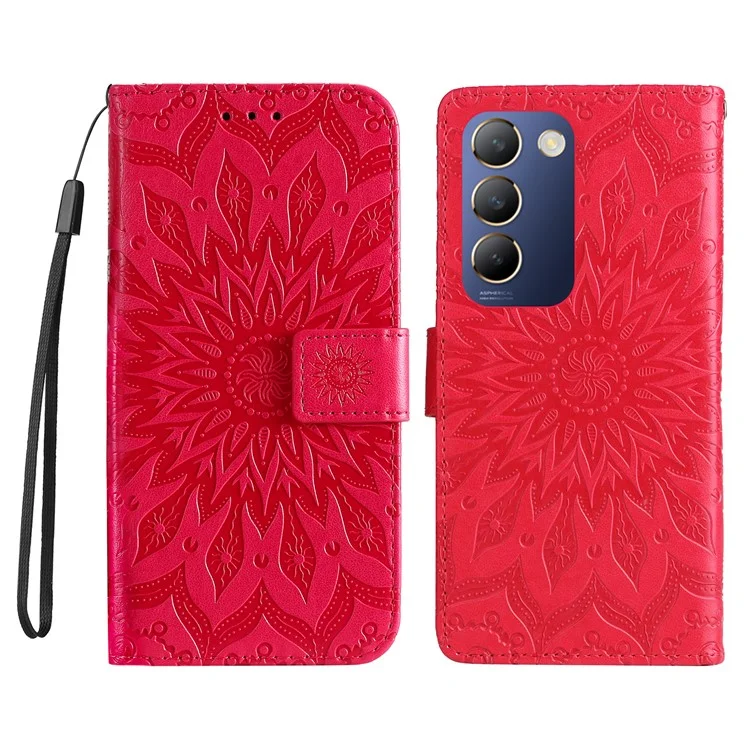 KT Imprinting Flower Series-1 Para vivo V40 SE 5G / Y100 5G (Indonésia) / Y200e 5G / V30 Lite 5G (Índia) Capa de Telefone de Couro - Vermelho