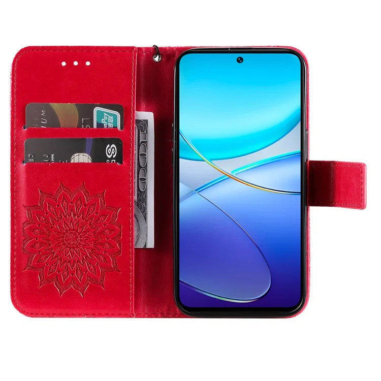 KT Imprinting Flower Series-1 Para vivo V40 SE 5G / Y100 5G (Indonésia) / Y200e 5G / V30 Lite 5G (Índia) Capa de Telefone de Couro - Vermelho