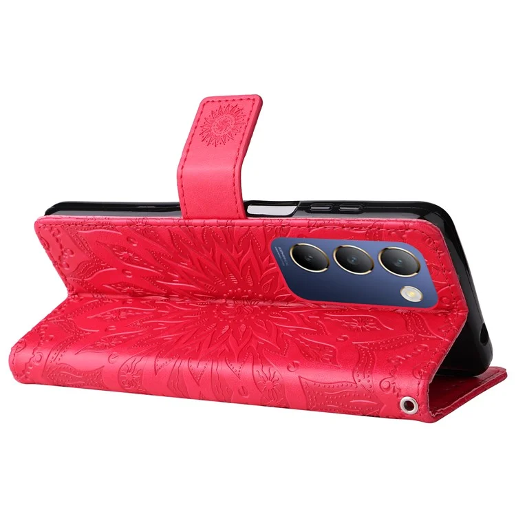 KT Imprinting Flower Series-1 Para vivo V40 SE 5G / Y100 5G (Indonésia) / Y200e 5G / V30 Lite 5G (Índia) Capa de Telefone de Couro - Vermelho