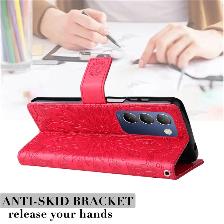 KT Imprinting Flower Series-1 Para vivo V40 SE 5G / Y100 5G (Indonésia) / Y200e 5G / V30 Lite 5G (Índia) Capa de Telefone de Couro - Vermelho