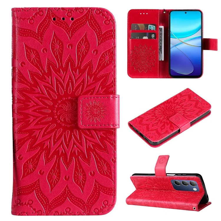 KT Imprinting Flower Series-1 Para vivo V40 SE 5G / Y100 5G (Indonésia) / Y200e 5G / V30 Lite 5G (Índia) Capa de Telefone de Couro - Vermelho