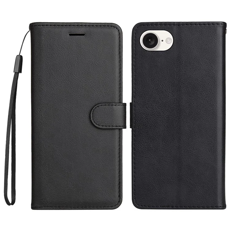 For iPhone 16e Case Solid Color Leather Mobile Cover Wallet Stand with Strap - Black